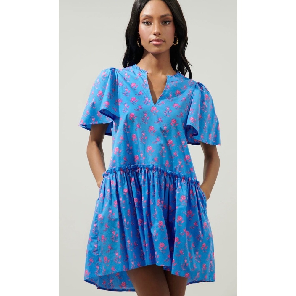 Sugarlips Blue Pink Floral Block Print Mini Dress Flutter Sleeve Babydoll Small